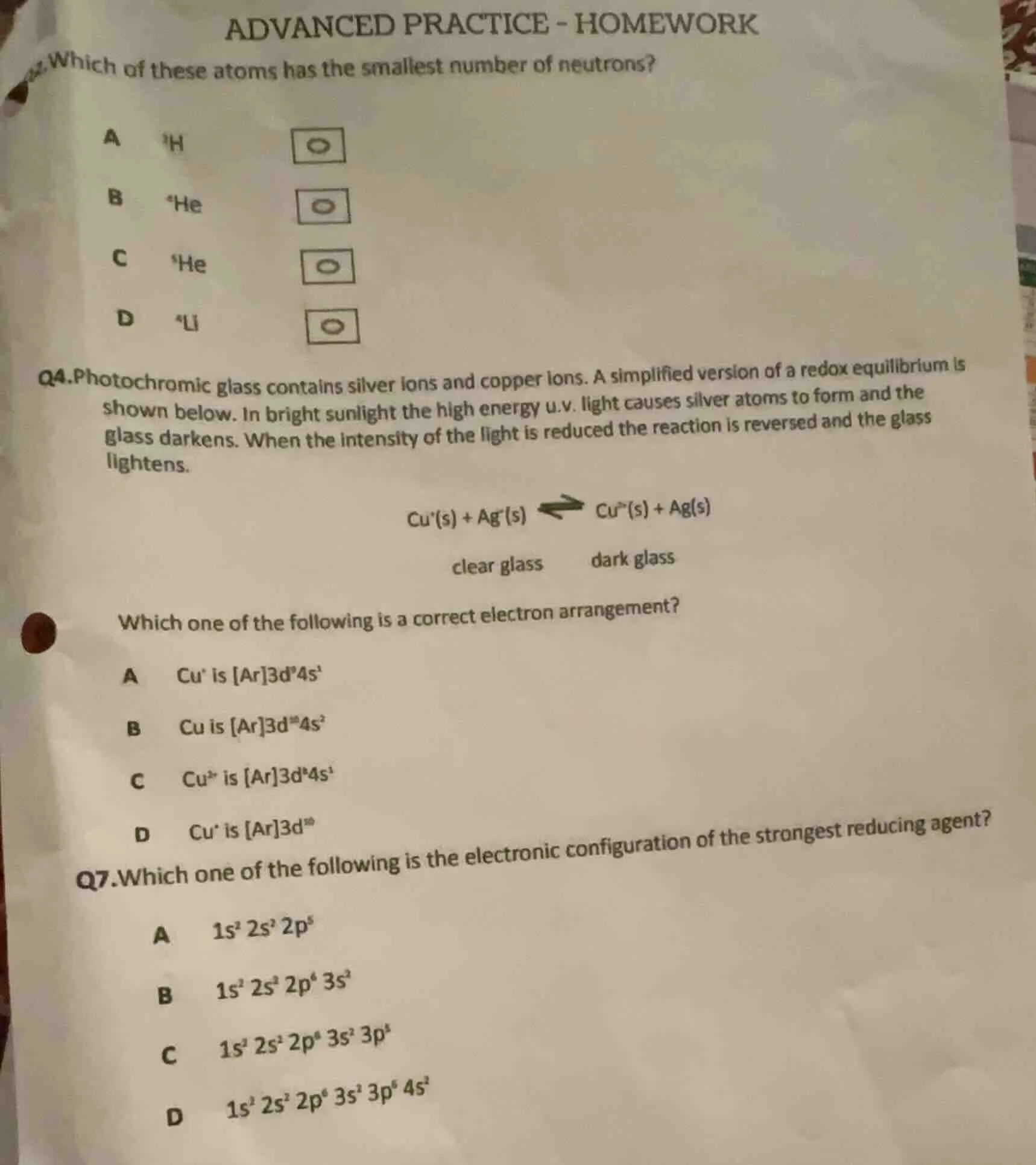 advanced practice - homework which of these atoms has the smallest numb…