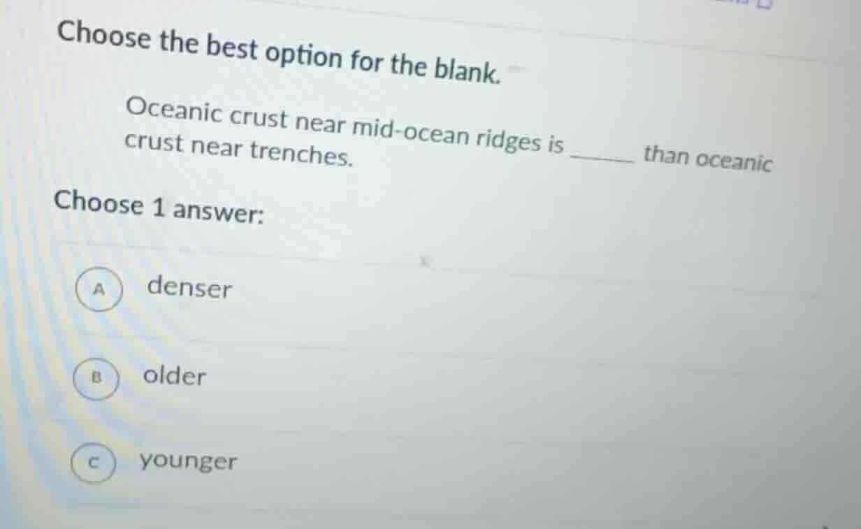 choose the best option for the blank. oceanic crust near mid - ocean ri…
