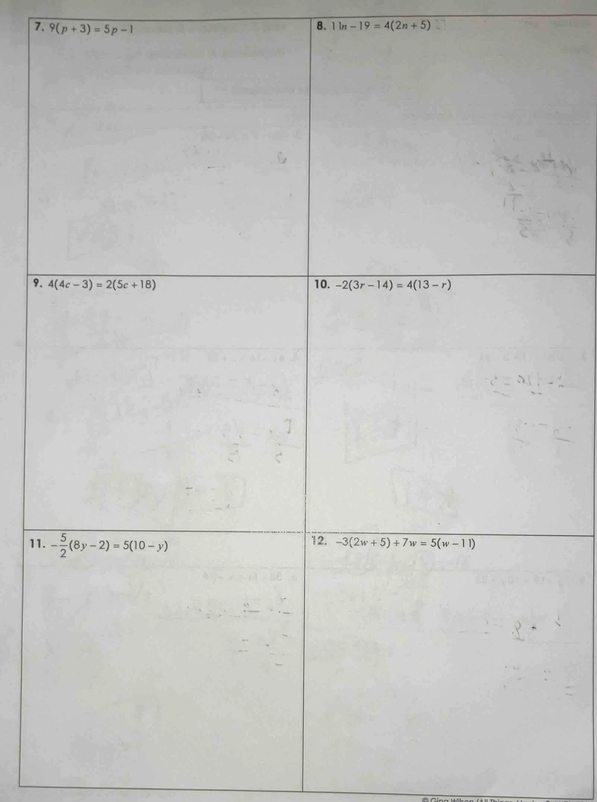 7. $9(p + 3) = 5p - 1$ 8. $11n - 19 = 4(2n + 5)$ 9. $4(4c - 3) = 2(5c +…