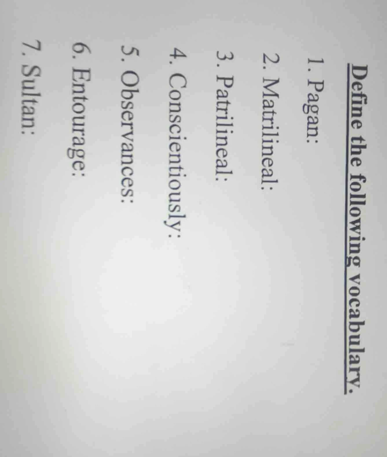 define the following vocabulary. 1. pagan: 2. matrilineal: 3. patriline…