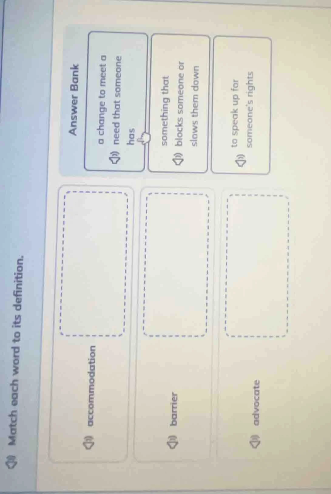 match each word to its definition. answer bank a change to meet a need …