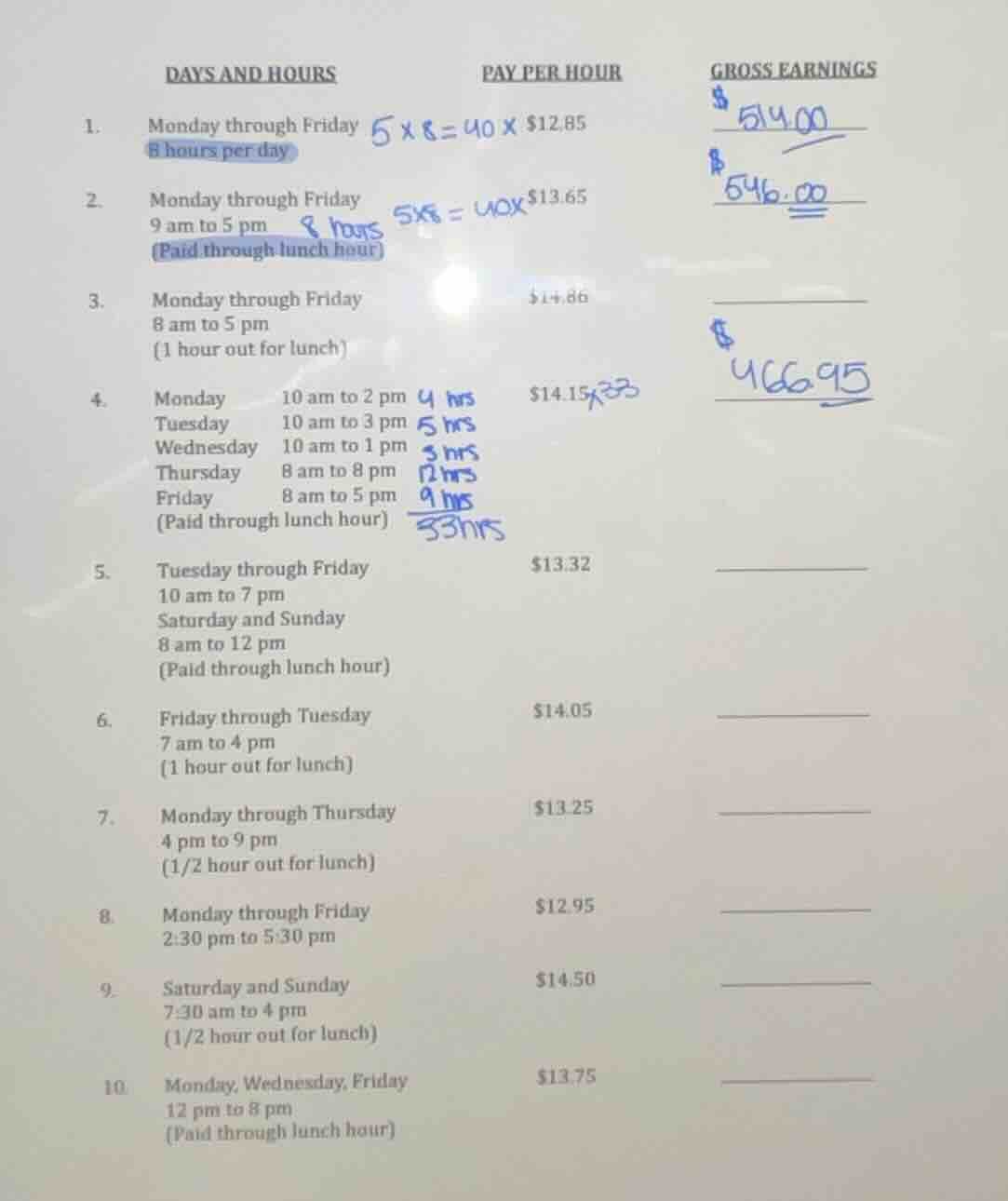 days and hours pay per hour gross earnings 1. monday through friday 8 h…