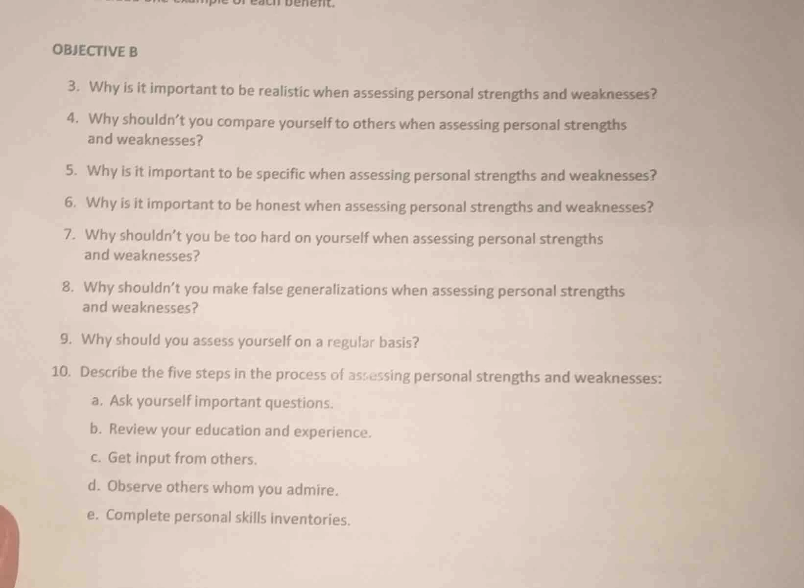 objective b 3. why is it important to be realistic when assessing perso…