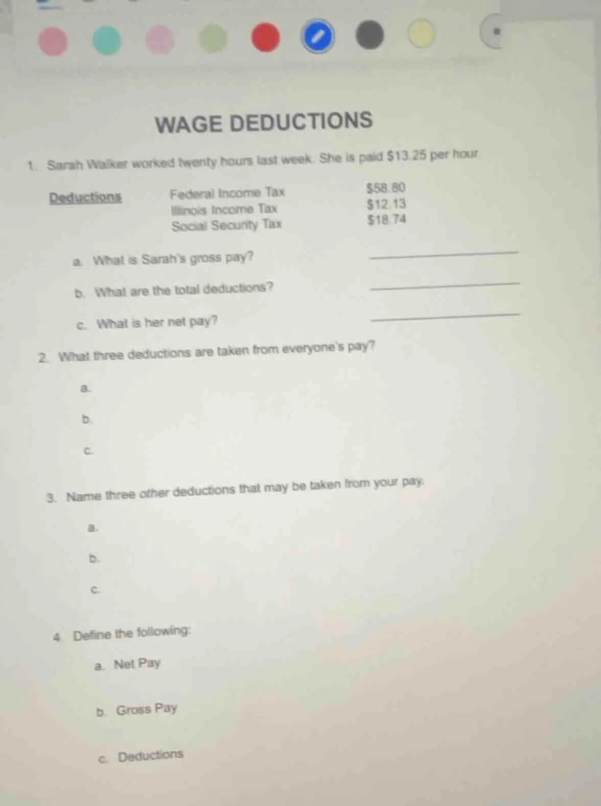 wage deductions 1. sarah walker worked twenty hours last week. she is p…