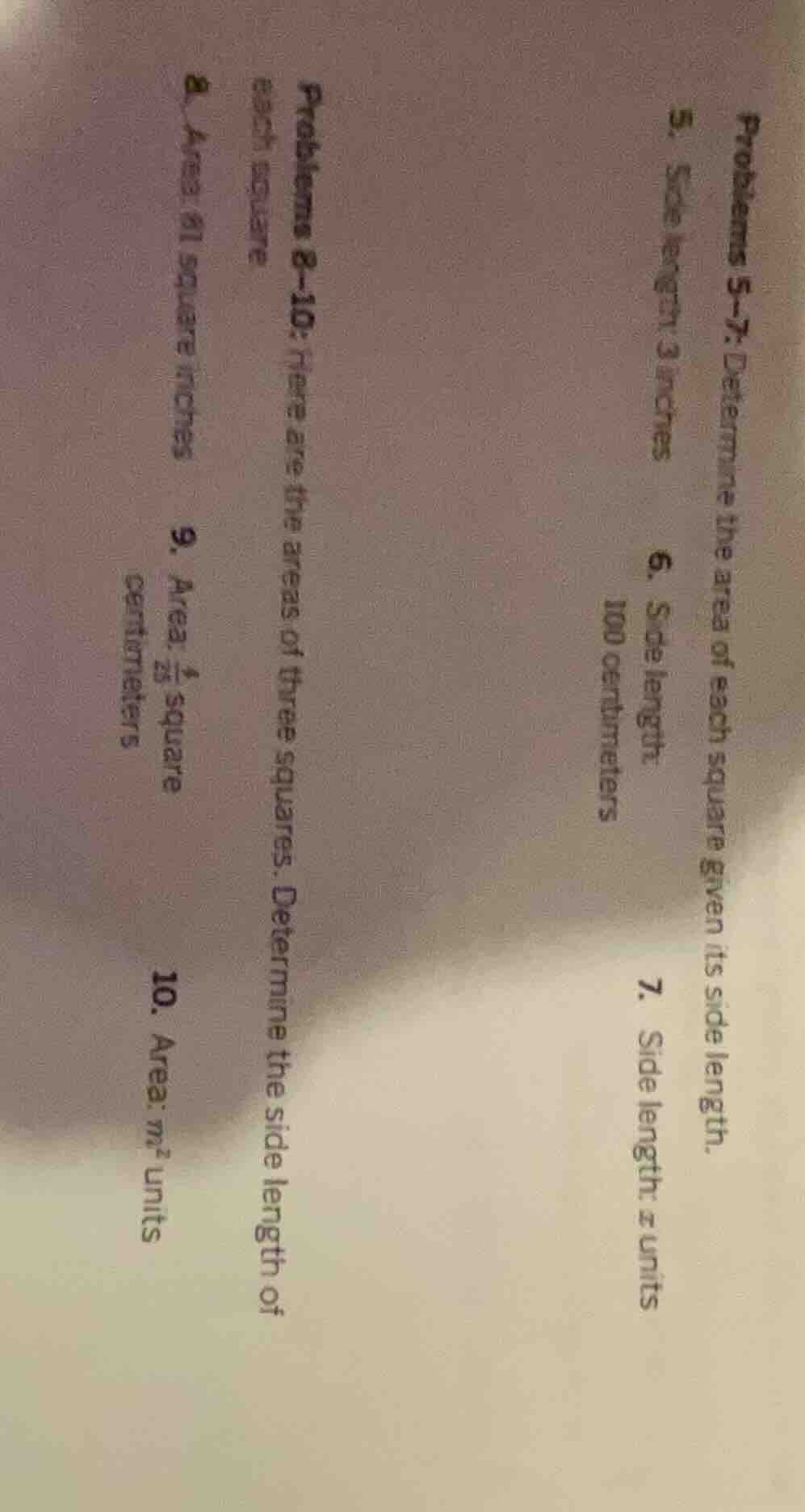 problems 5–7: determine the area of each square given its side length. …