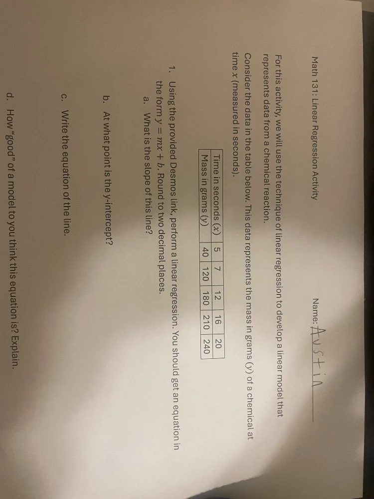 math 131: linear regression activity name: austin for this activity, we…