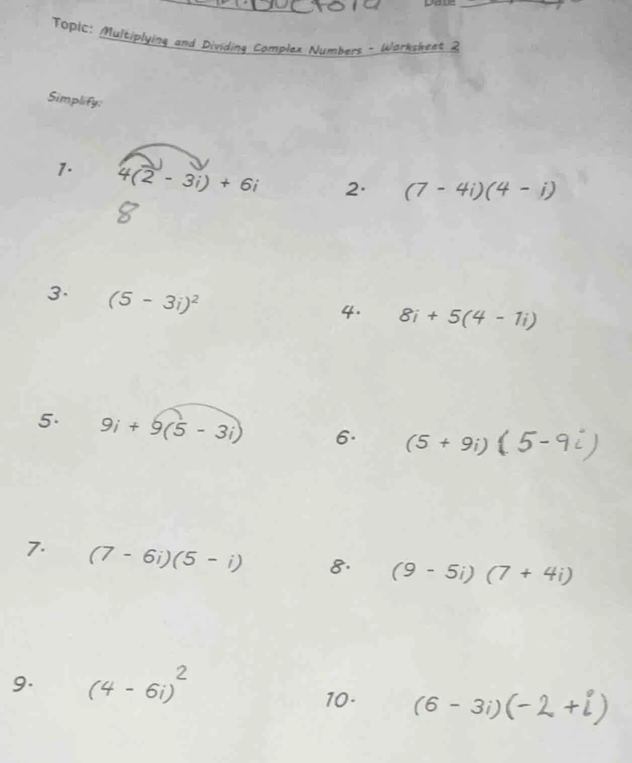 topic: multiplying and dividing complex numbers - worksheet 2 simplify:…