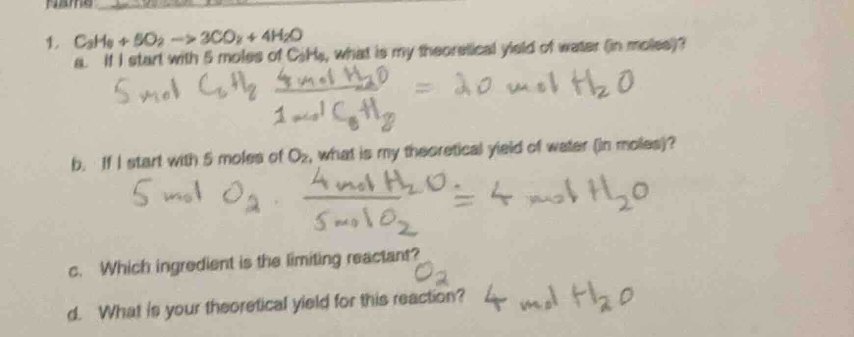 1. $c_3h_8 + 5o_2 \ ightarrow 3co_2 + 4h_2o$ a. if i start with 5 moles…