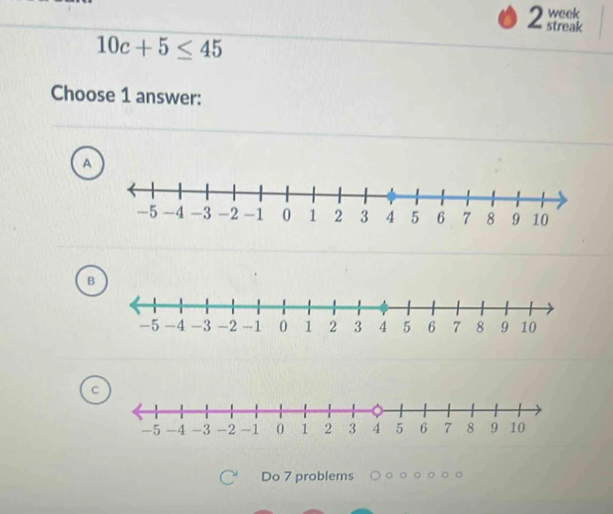 10c + 5 ≤ 45 choose 1 answer: a <---| | | | | | | | | • | | | | |---> -…