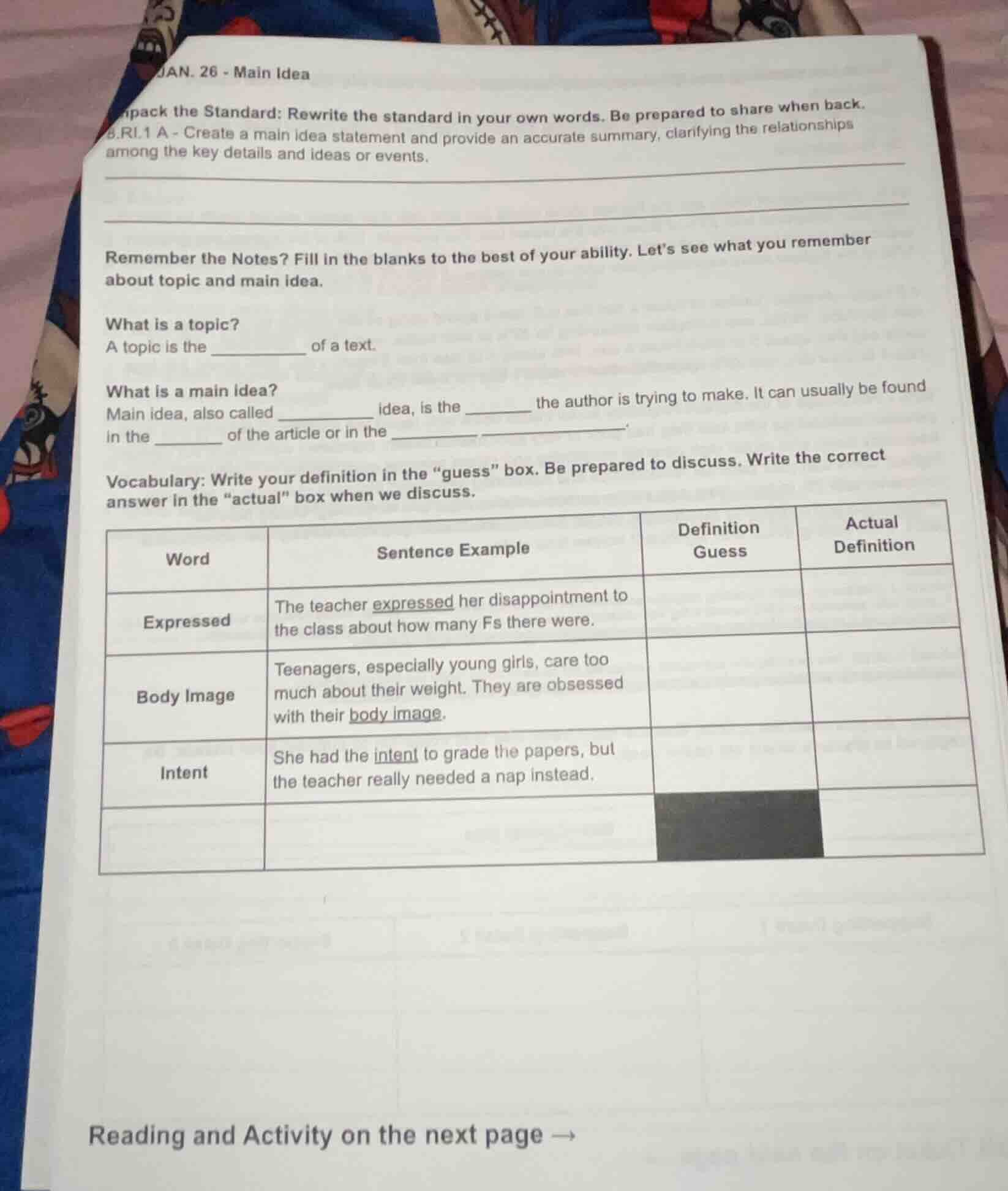 jan. 26 - main idea pack the standard: rewrite the standard in your own…