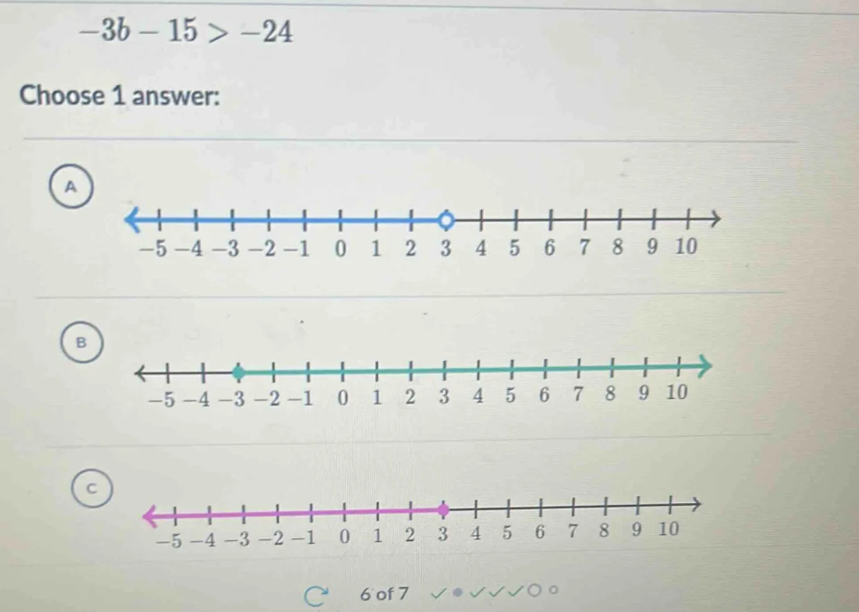 -3b - 15 > -24 choose 1 answer: a <--(with a blue line from -5 to an op…