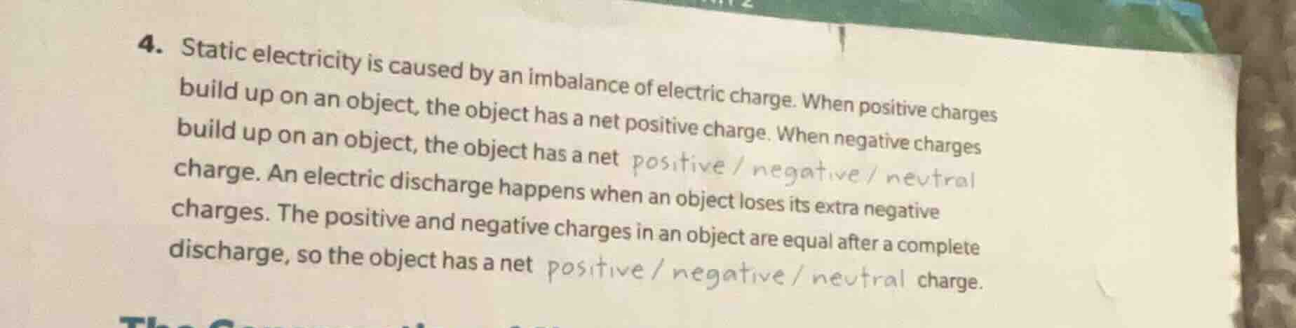 4. static electricity is caused by an imbalance of electric charge. whe…
