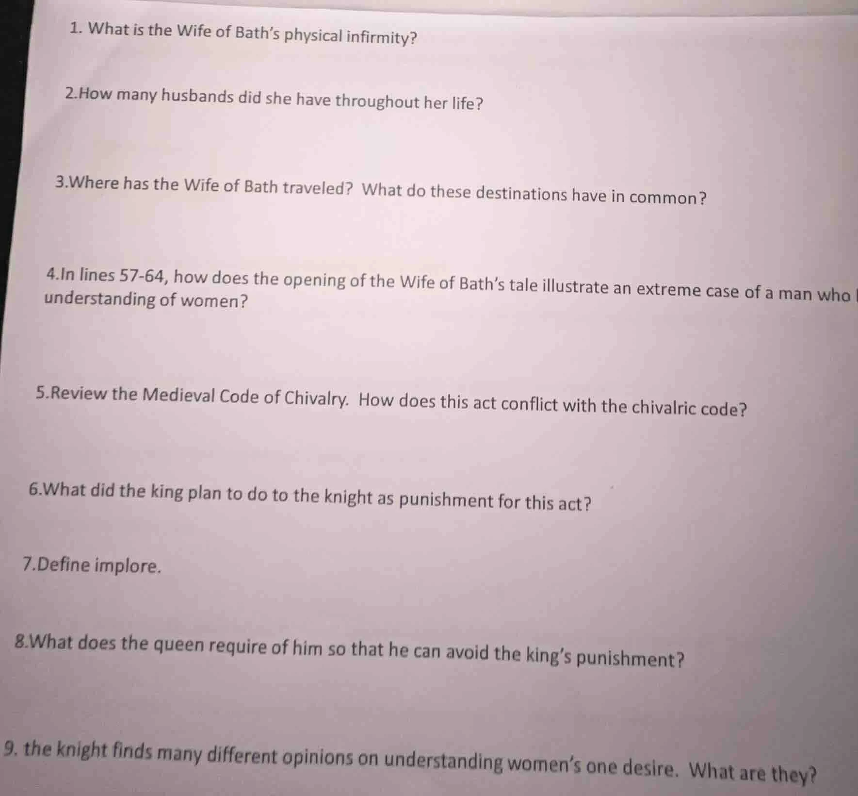 1. what is the wife of bath’s physical infirmity? 2. how many husbands …