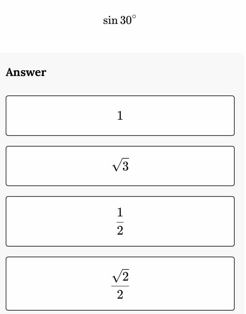 sin 30° answer 1 √3 1/2 √2/2