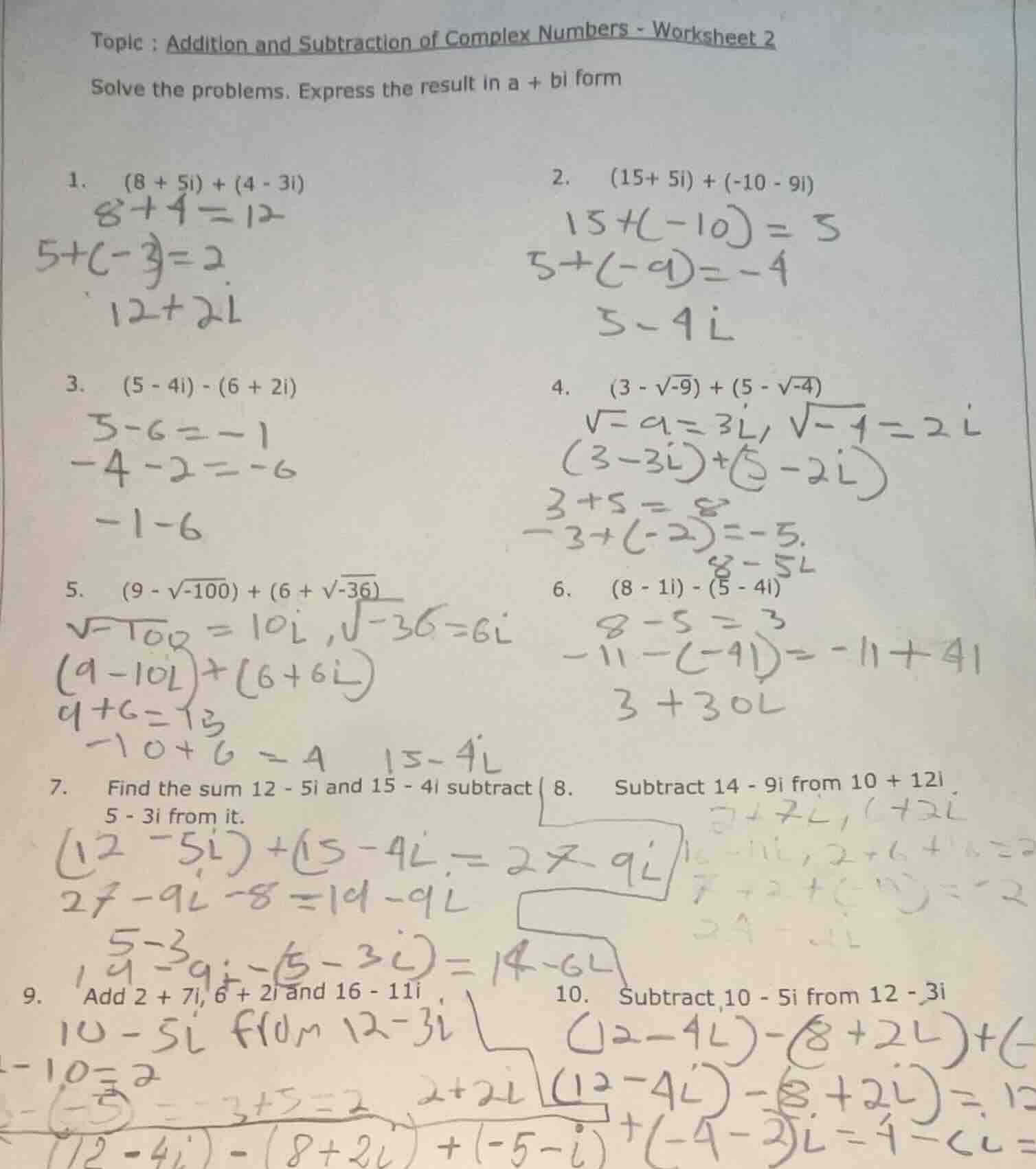 topic : addition and subtraction of complex numbers - worksheet 2 solve…