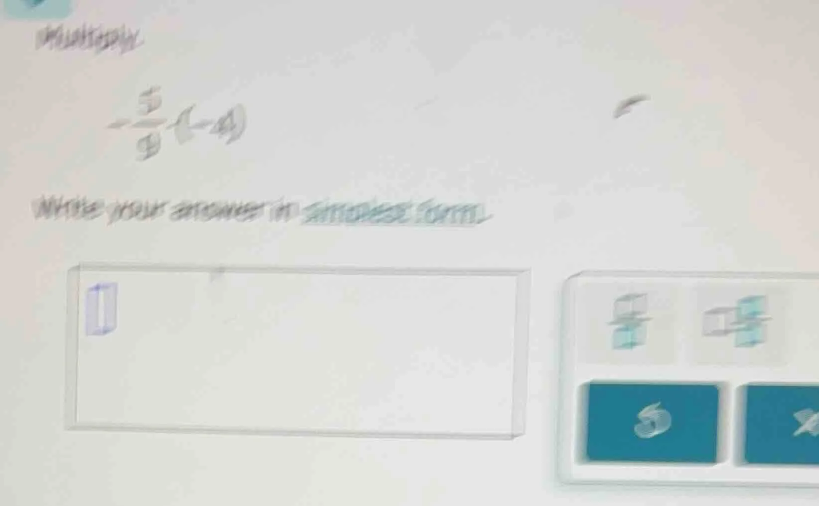 multiply. $-dfrac{5}{9}(-4)$ write your answer in simplest form.