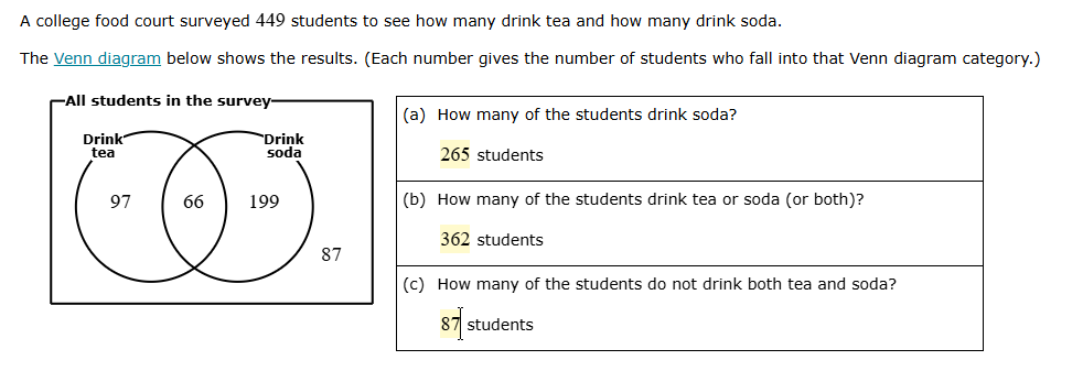a college food court surveyed 449 students to see how many drink tea an…