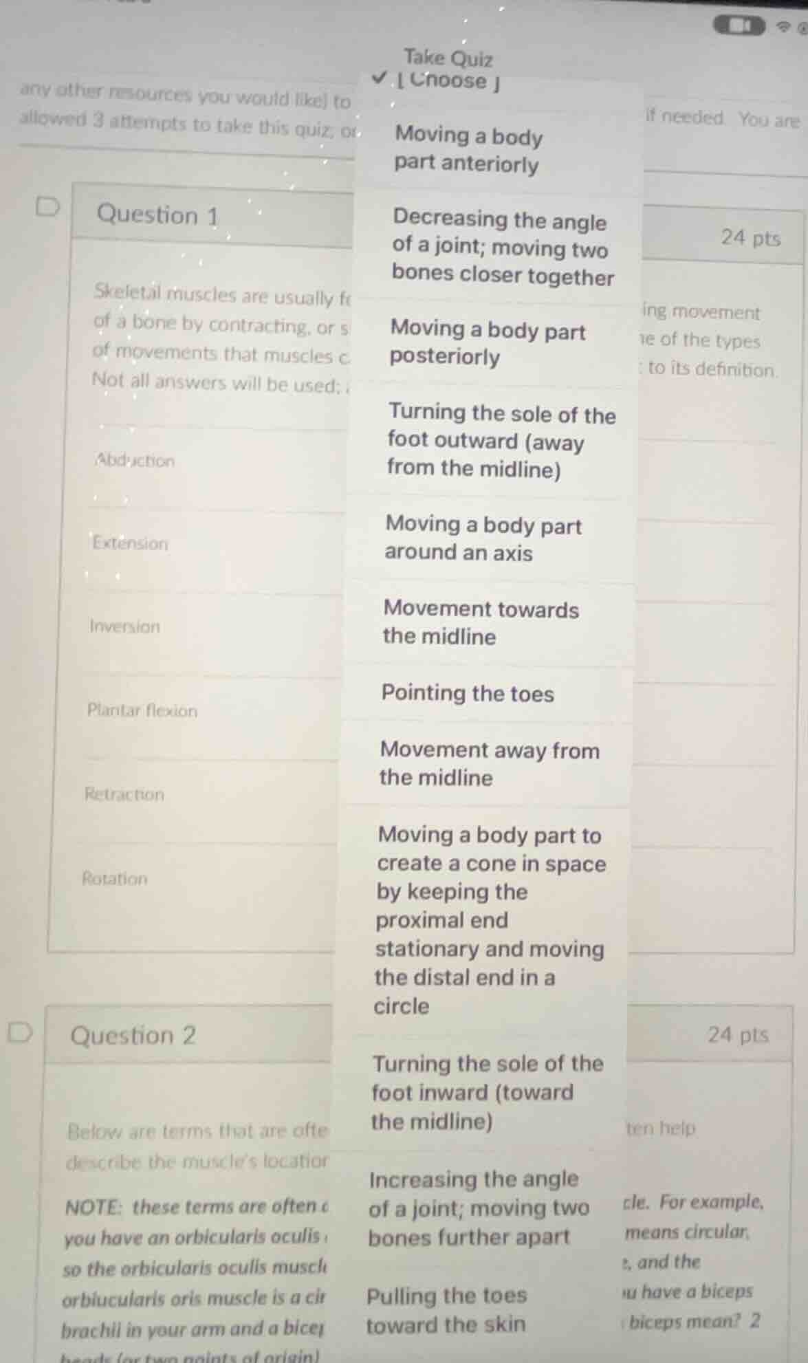 take quiz choose moving a body part anteriorly decreasing the angle of …
