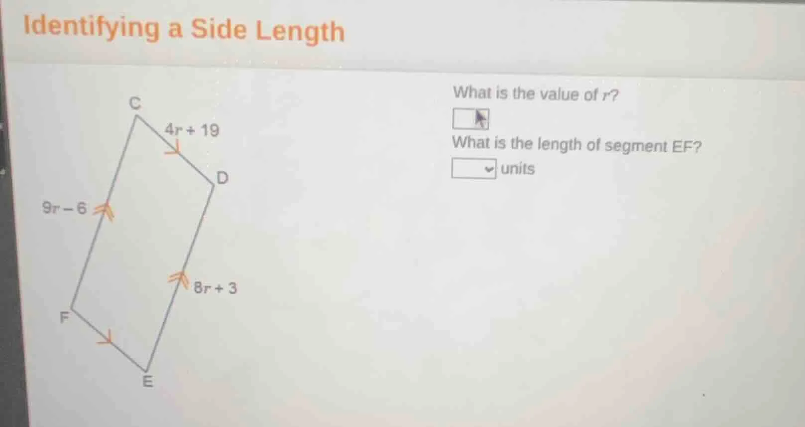 identifying a side length what is the value of r? what is the length of…