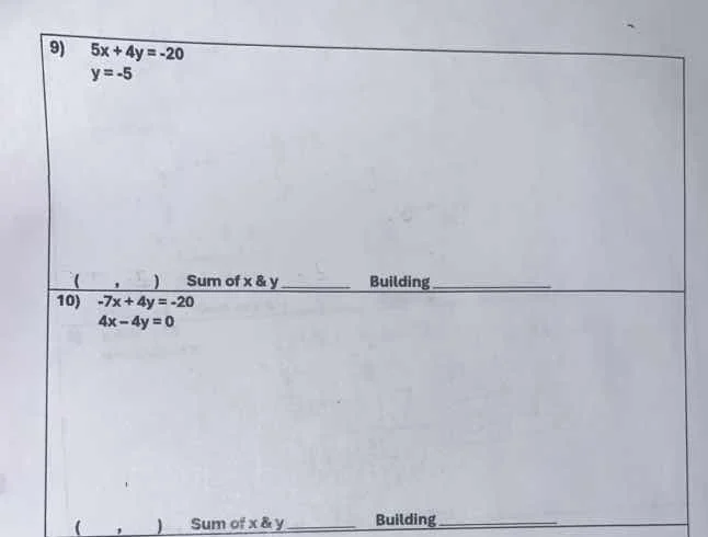 9) \\( 5x + 4y = -20 \\) \\( y = -5 \\) \\( (\\quad, \\quad) \\) sum of…