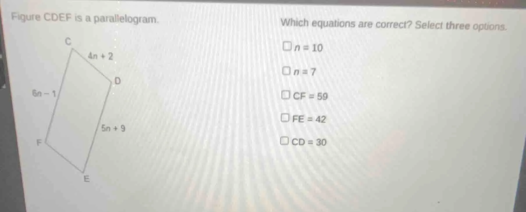 figure cdef is a parallelogram. which equations are correct? select thr…