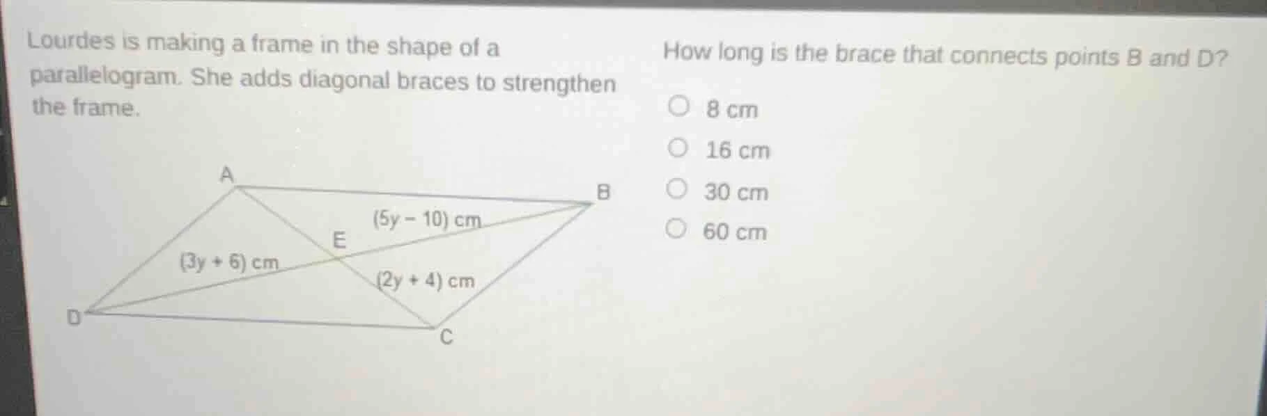 lourdes is making a frame in the shape of a parallelogram. she adds dia…