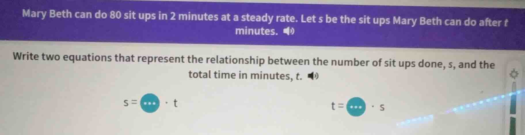 mary beth can do 80 sit ups in 2 minutes at a steady rate. let s be the…