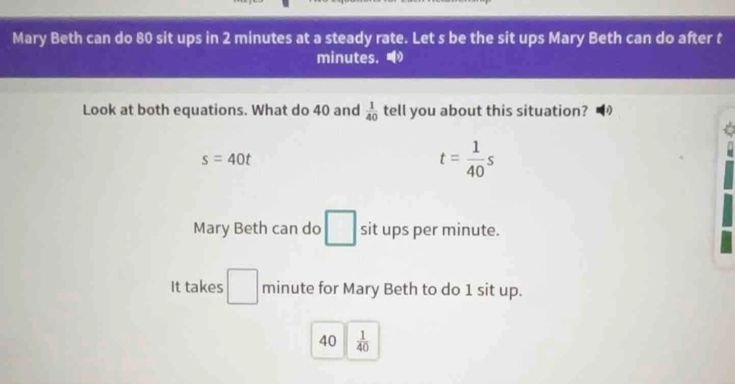 mary beth can do 80 sit ups in 2 minutes at a steady rate. let s be the…
