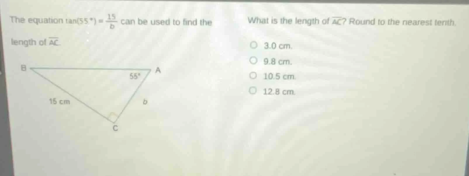 the equation \\(\\tan(55^{\\circ}) = \\frac{15}{b}\\) can be used to fi…