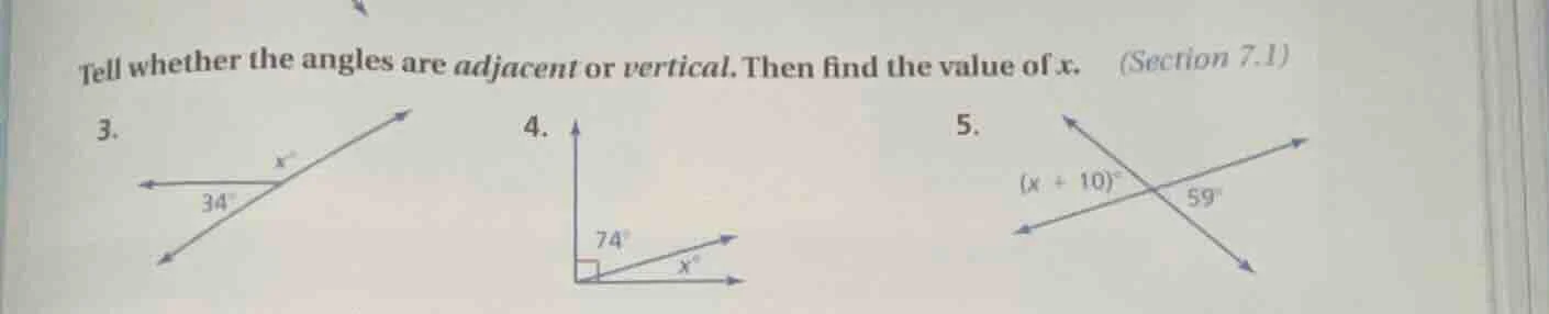 tell whether the angles are adjacent or vertical. then find the value o…