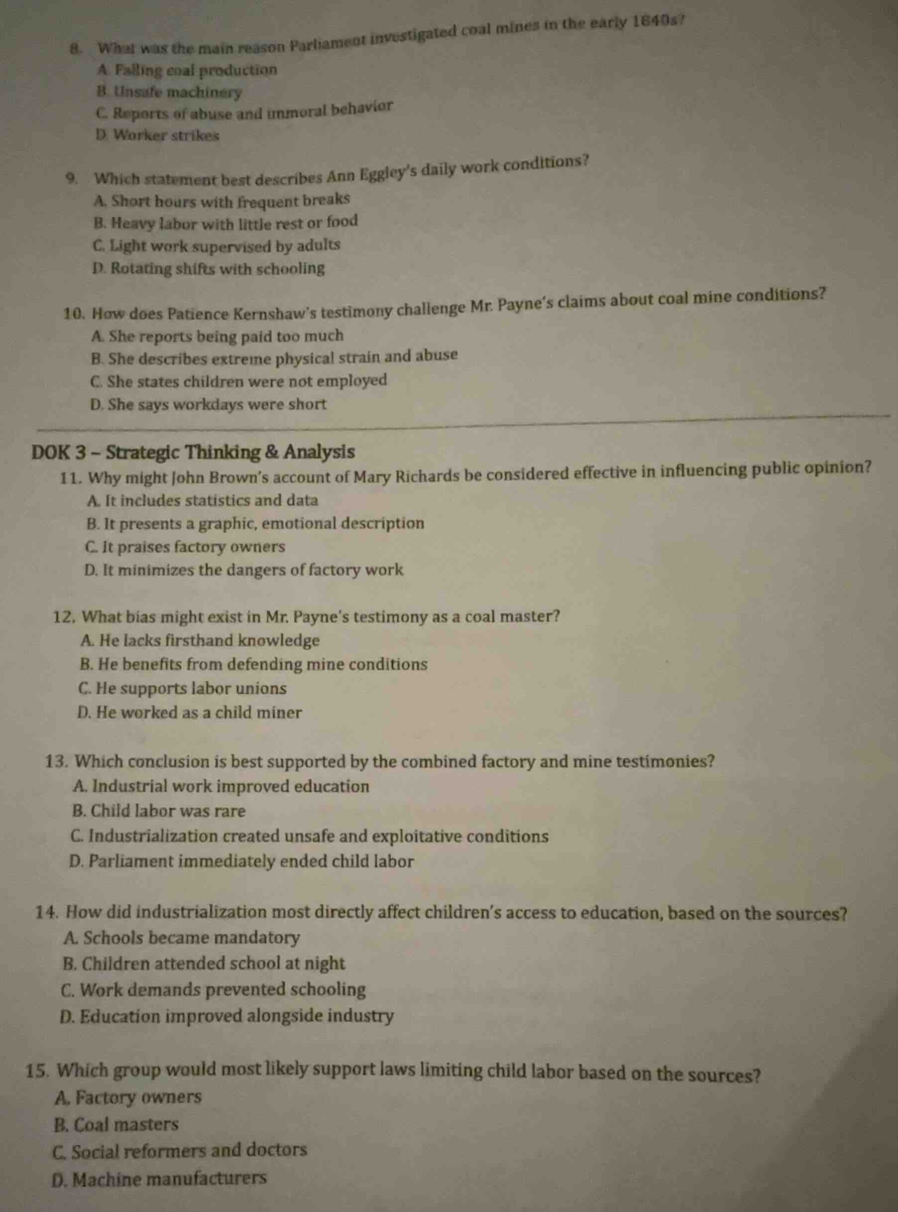 8. what was the main reason parliament investigated coal mines in the e…