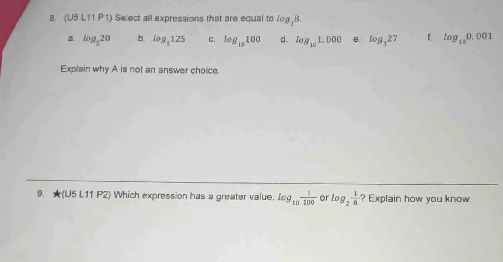 8. (u5 l11 p1) select all expressions that are equal to $\\log_{2}8$. a…