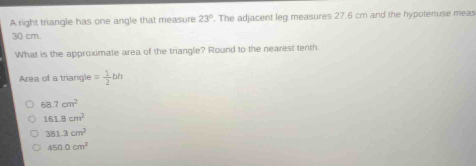 a right triangle has one angle that measure 23°. the adjacent leg measu…