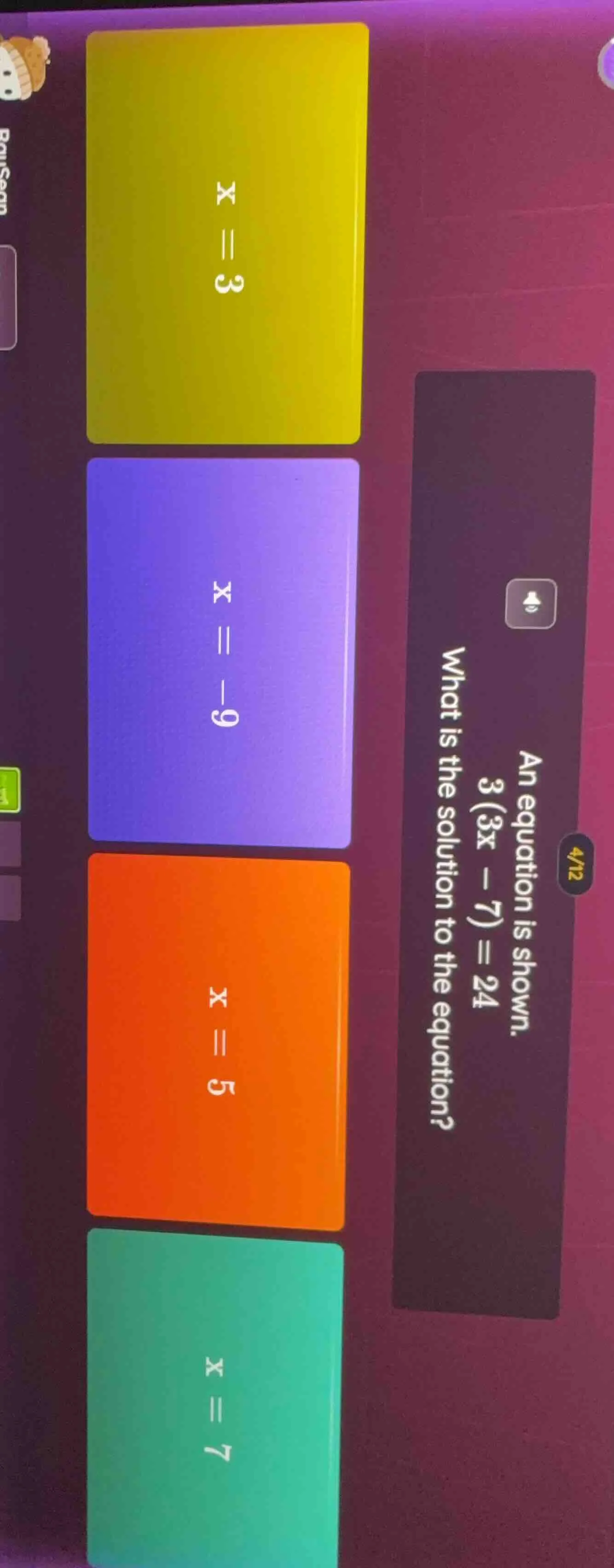 an equation is shown. 3(3x - 7) = 24 what is the solution to the equati…