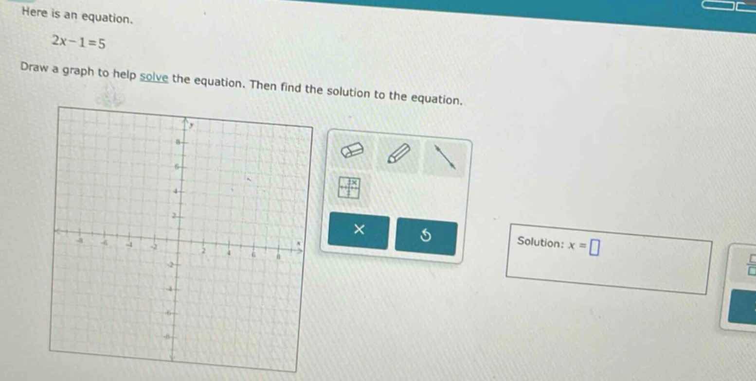 here is an equation.\\(2x - 1 = 5\\)\ draw a graph to help solve the eq…