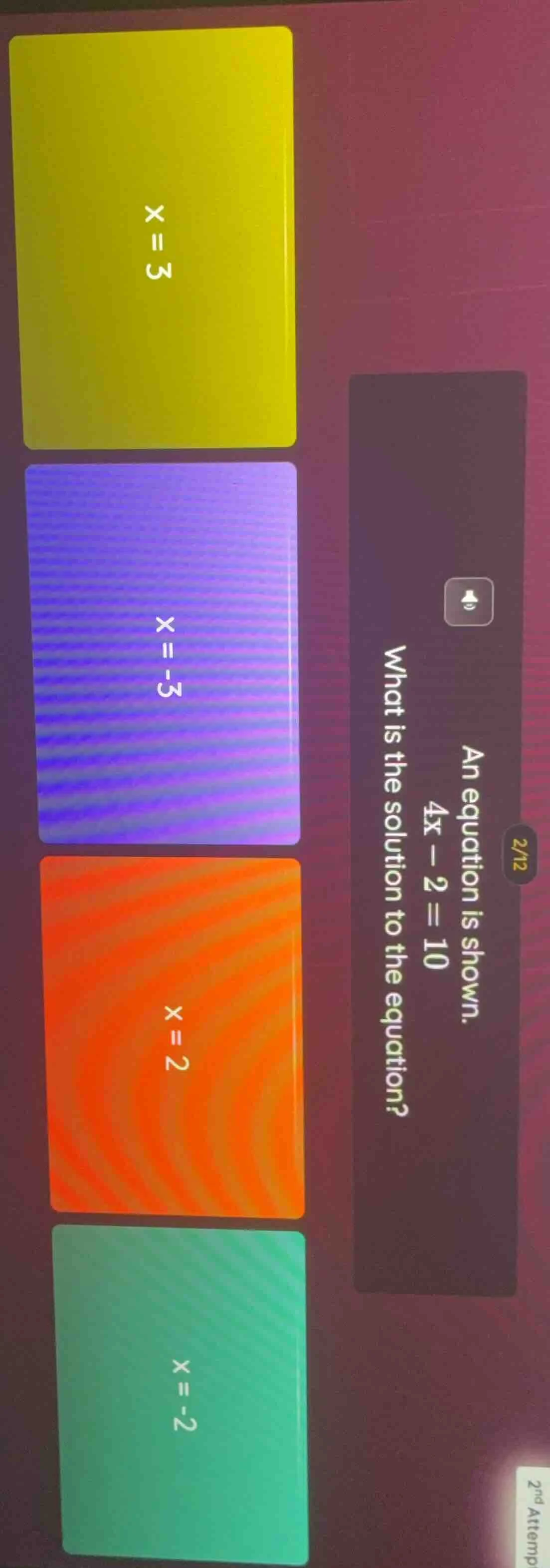 an equation is shown. $4x - 2 = 10$ what is the solution to the equatio…