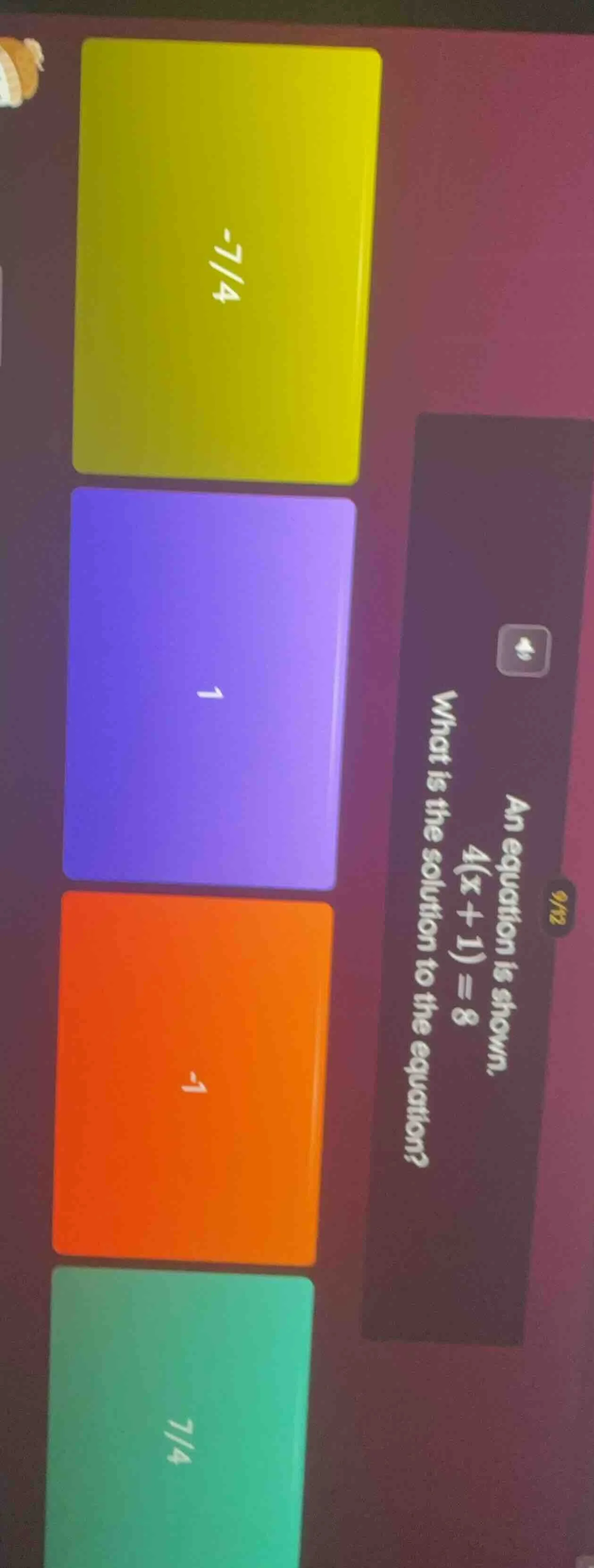 an equation is shown. 4(x + 1) = 8 what is the solution to the equation?