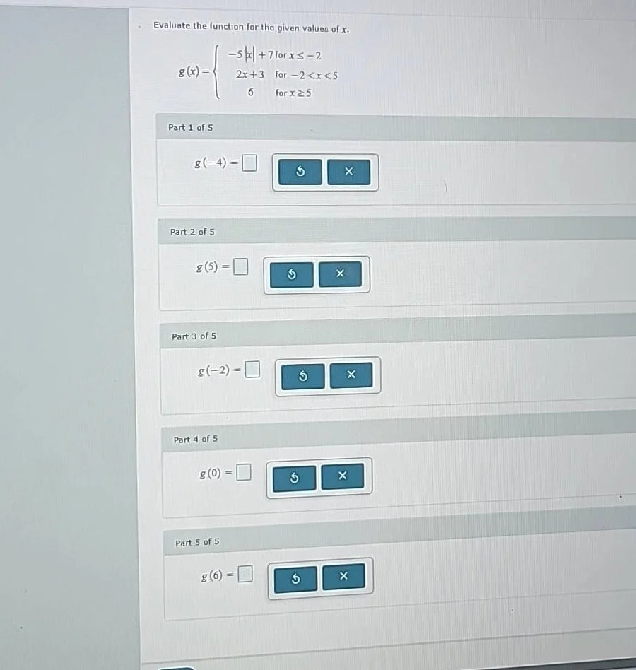evaluate the function for the given values of x. \\( g(x)=\\begin{cases…