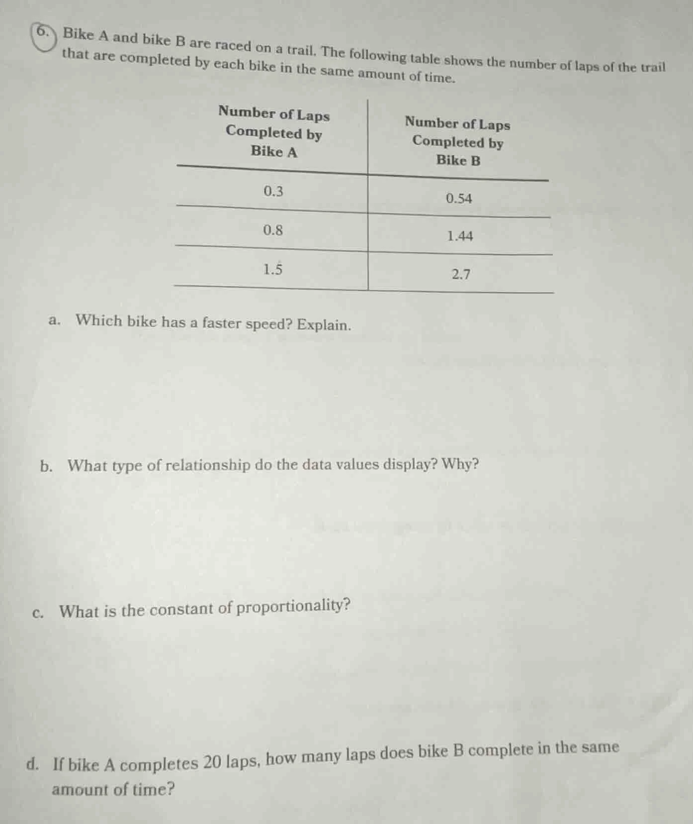 6. bike a and bike b are raced on a trail. the following table shows th…