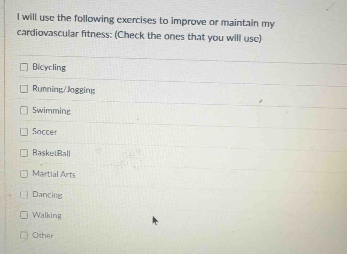 i will use the following exercises to improve or maintain my cardiovasc…