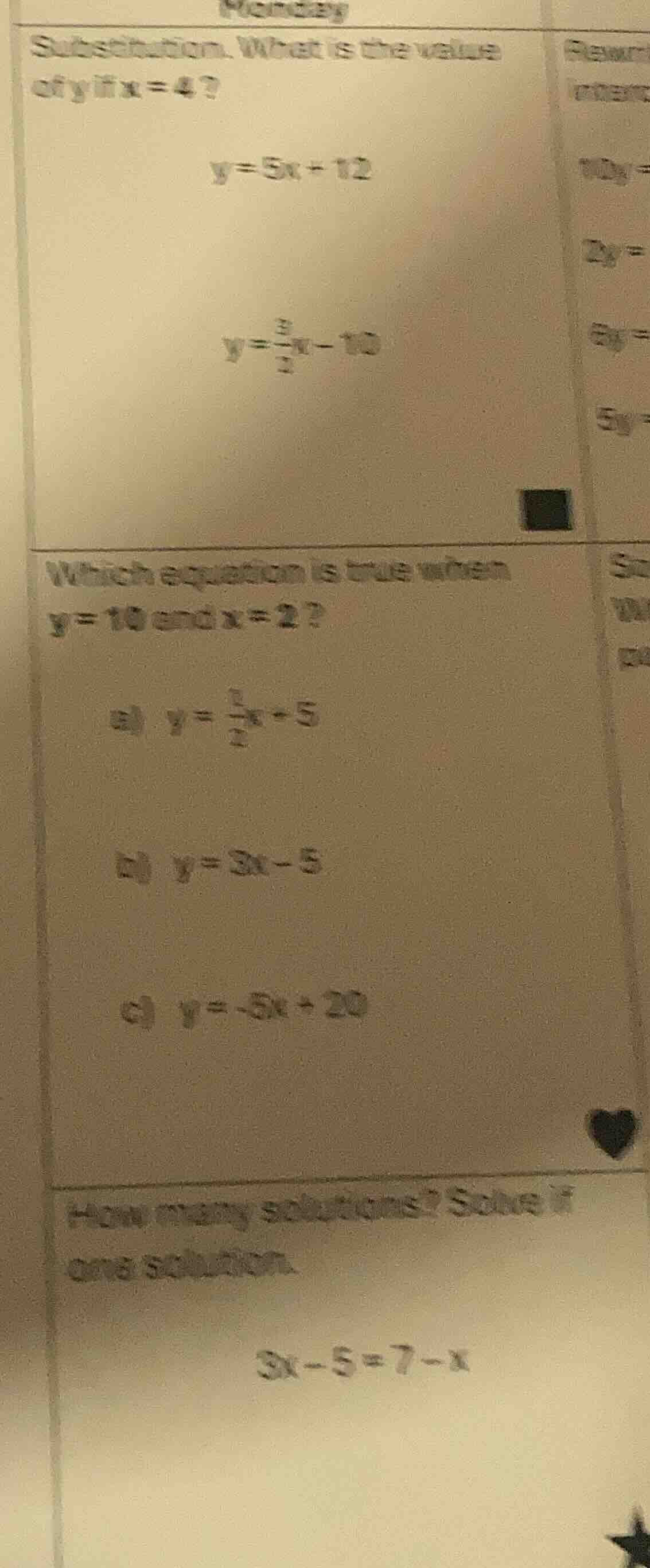 monday substitution. what is the value of y if x = 4? \\( y = 5x + 12 \…