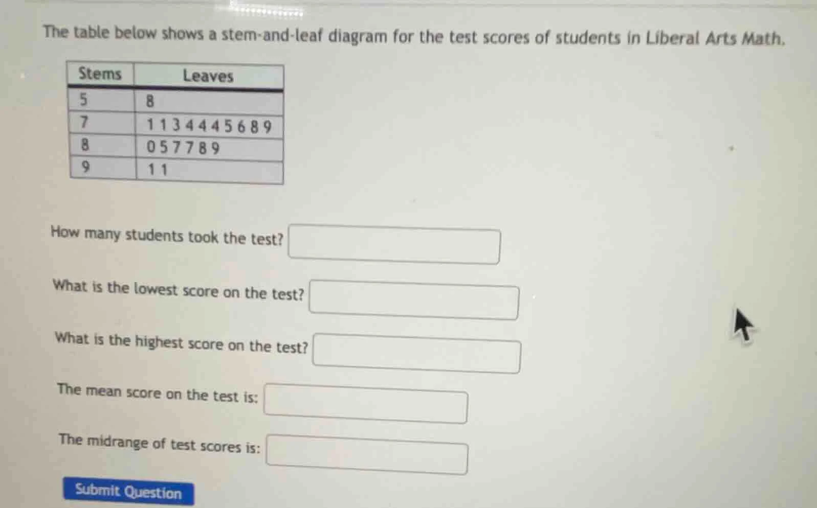 the table below shows a stem - and - leaf diagram for the test scores o…