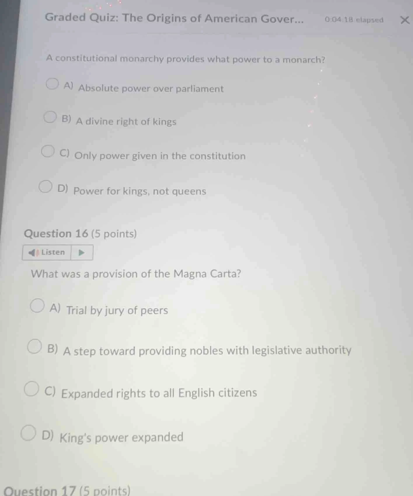 graded quiz: the origins of american gover... 0:04:18 elapsed a constit…