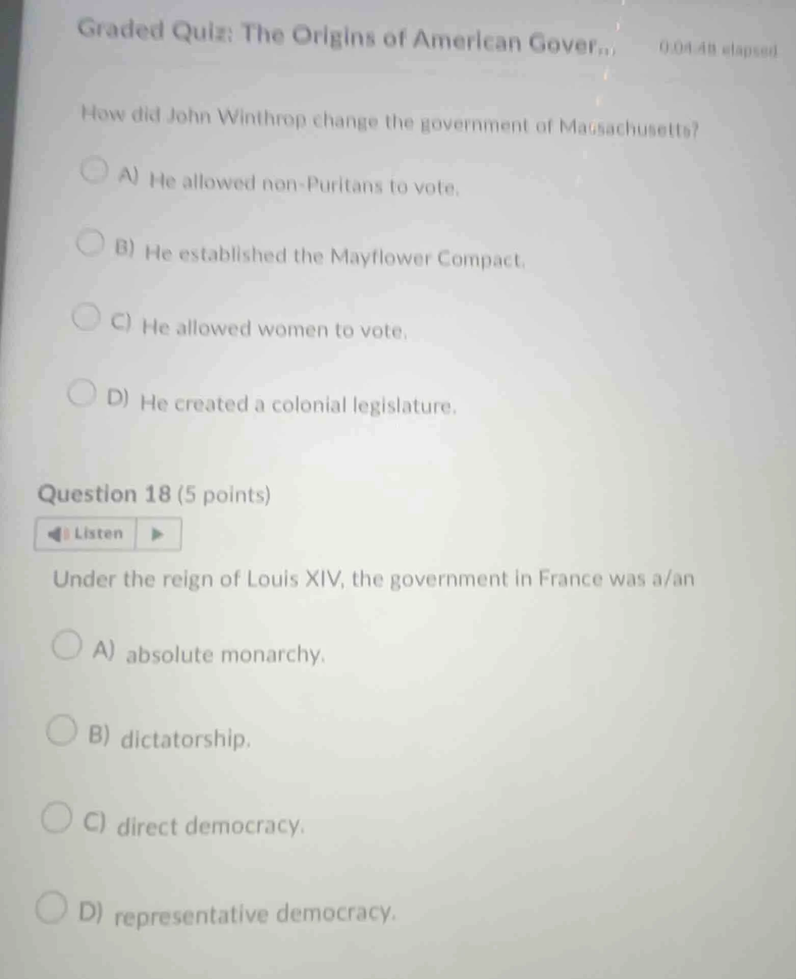 graded quiz: the origins of american govern how did john winthrop chang…