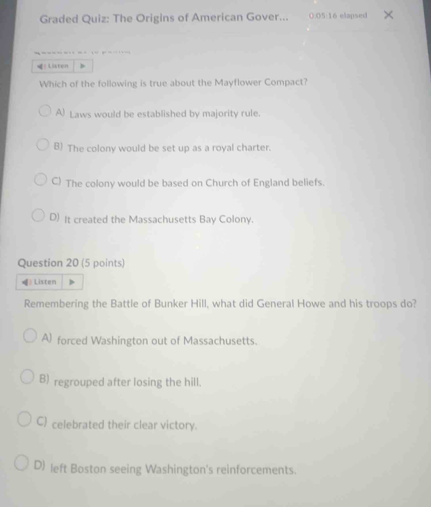 graded quiz: the origins of american gover... 0:05:16 elapsed listen wh…
