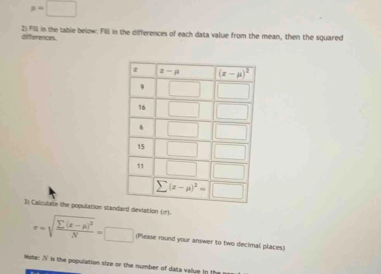 μ = \\boxed{} 2) fill in the table below: fill in the differences of ea…