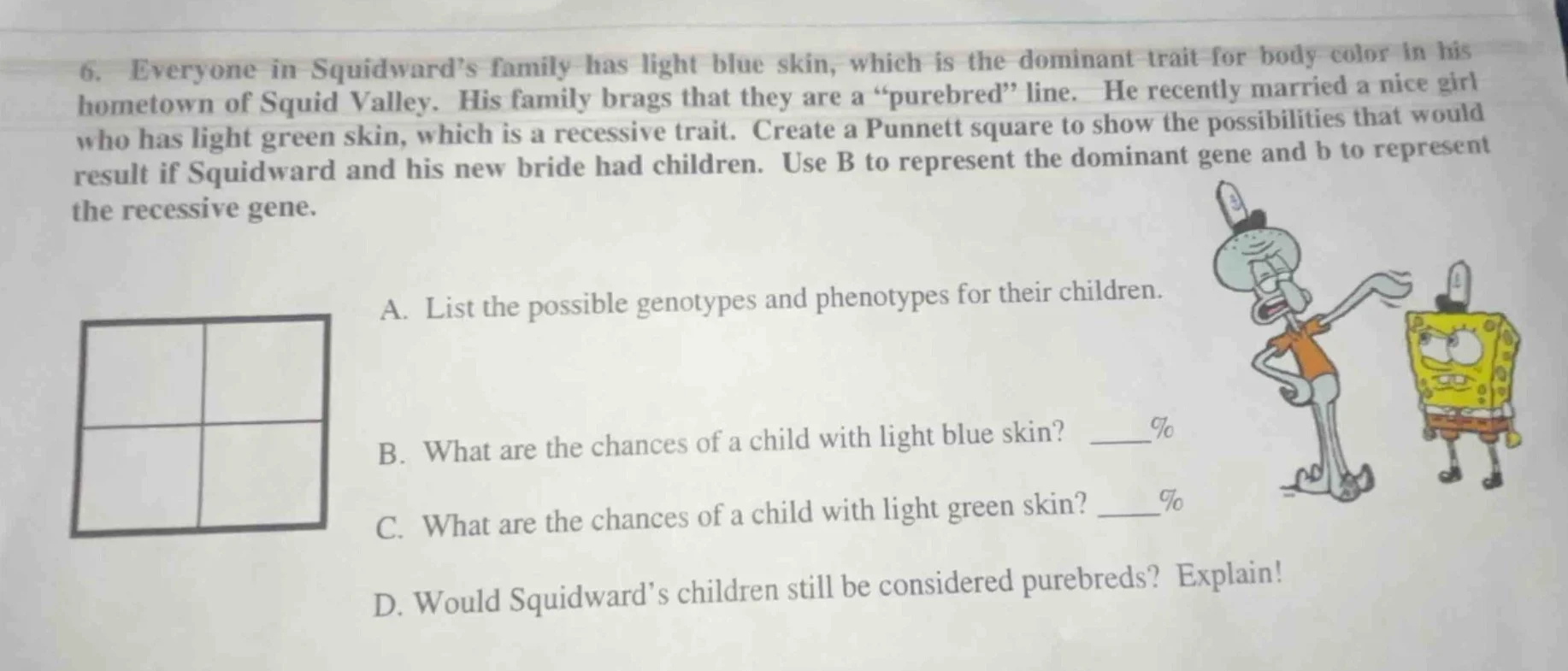 6. everyone in squidwards family has light blue skin, which is the domi…