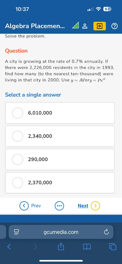 solve the problem. question a city is growing at the rate of 0.7% annua…
