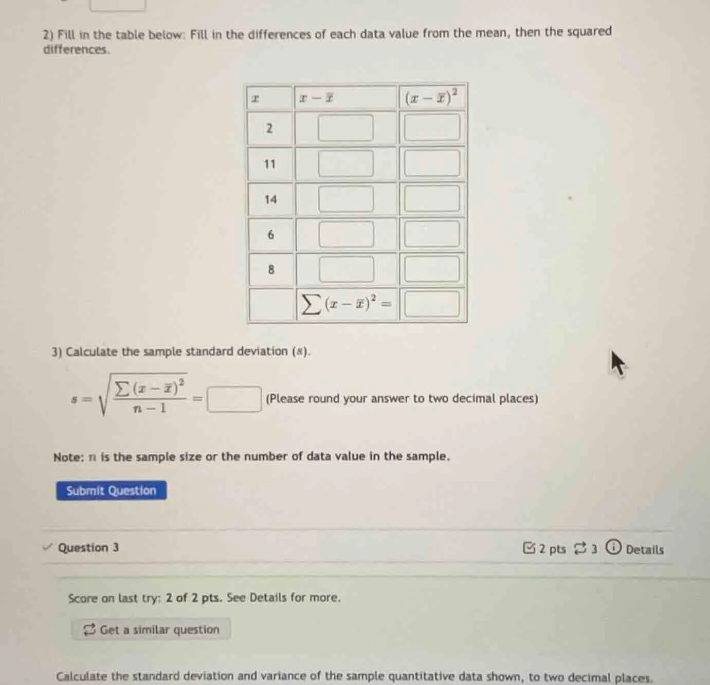 2) fill in the table below: fill in the differences of each data value …