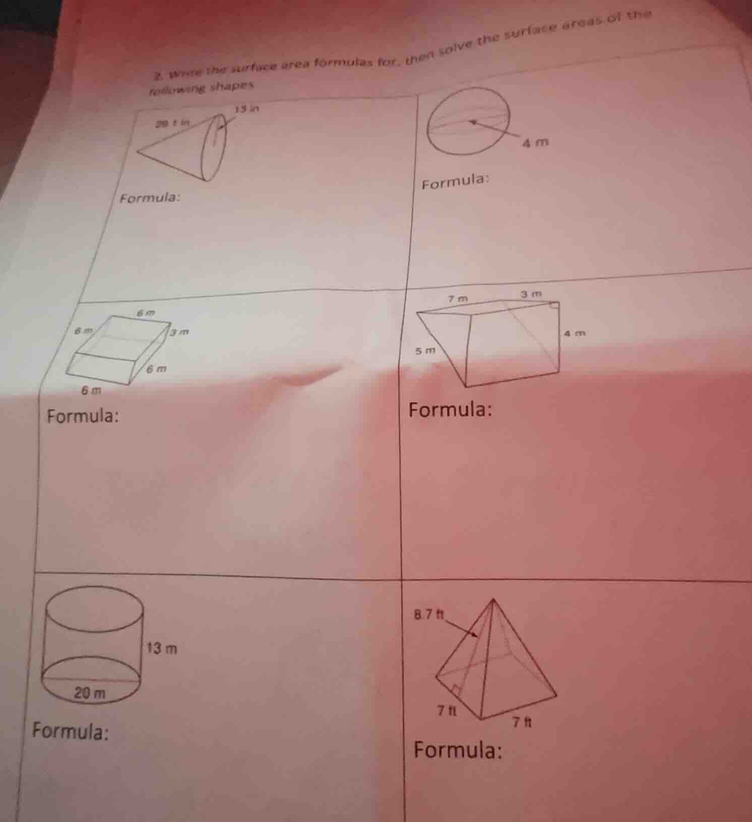2. write the surface area formulas for, then solve the surface areas of…
